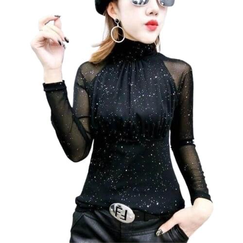 Lace Spring Autumn Turtleneck Rhinestone Pullovers Women Sexy Mesh Hollow out Autumn Sweaters Tops Lady Long Sleeve Jumpers