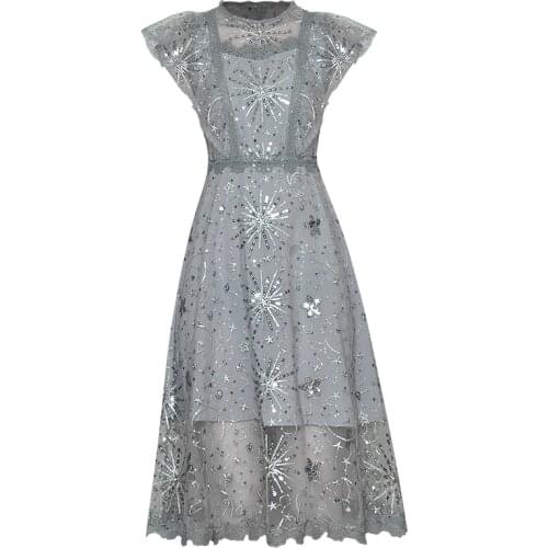 High Quality Sequined Womens Summer Luxury Runway Fashion Flower Embroidery Gray Pink Party Holiday Dress