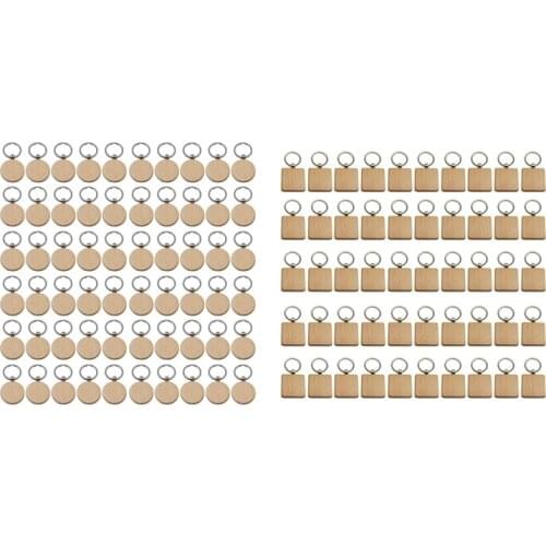 HOT-60Pcs Round Wooden Key Chain Diy Wood Keychains with 50Pcs DIY Blank Wooden Keychain Square Carved Key Ring 40 x 40 mm