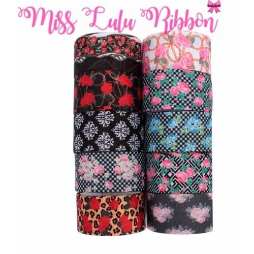 16mm-75mm Retro Flower Series Geometric Check Printed Grosgrain/Foe Ribbon Red Pink Rose DIY Hair Bowknots 50yards/roll