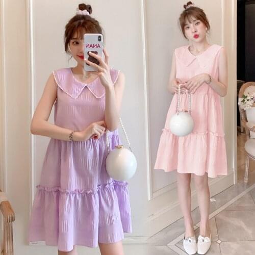 9066# Maternity Clothes Summer Turn Down Collar Plain Color Cotton Sleeveless Loose Stylish Dress Pregnant Women Mom Dress