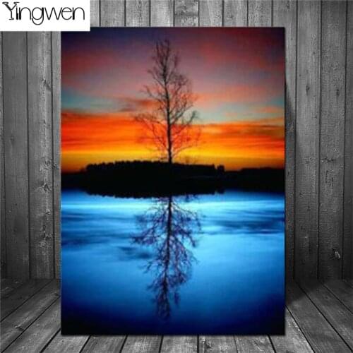 5D DIY Diamond Painting Tree Reflection Sunset Sea Scenery Full Diamond Embroidery Picture Mosaic Wall Art Landscape Home Decor
