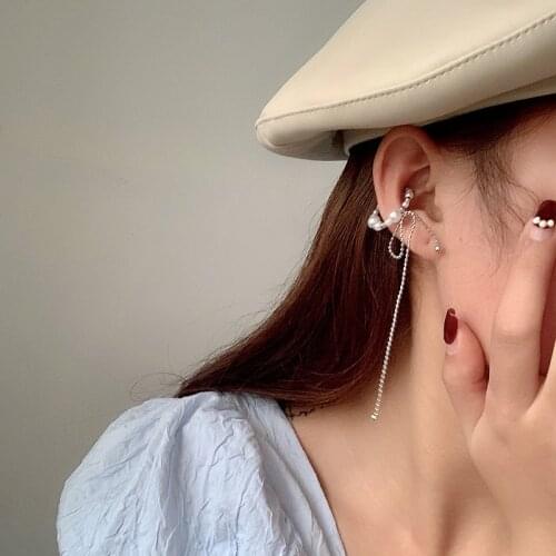 AOMU 1Pcs French Pearl Long Chain Ear Bone Clip Retro Exquisite Temperament Non-pierced No-ear-holes Female Jewelry Gifts