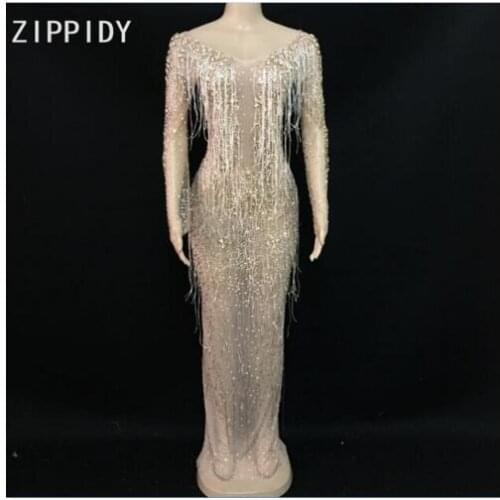 Flashing Gold Rhinestones See Through Tassel Sexy Dress Womens Birthday Celebrate Mesh Dress Costume Prom Party Singer Outfit D