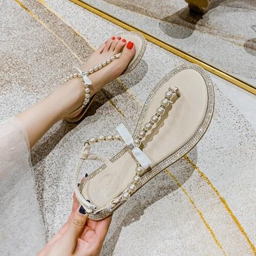 Fairy String bead clip toe gladiator sandals women flip flops summer shoes flat crystal pearl bow-knot sandalias plus size 35-43