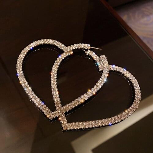Exknl Korean Fashion Big Heart Wedding Hoop Earrings for Women Full Crystal Party Night Club Love Long Earrings Female Jewelry