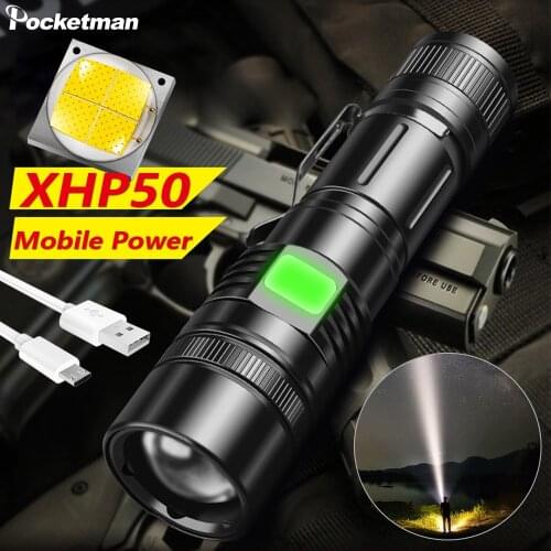 Super XHP50 LED Flashlight Tactical Torch USB Rechargeable 5 Modes Camping Light Waterproof Zoomable Lantern 18650/26650