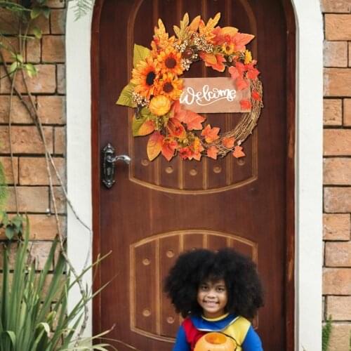 20'' Artificial Wreath Rattan Simulated Garland Sunflower Maple Pumpkin Harvest Fall Door Pendant Halloween Farmhouse Decor