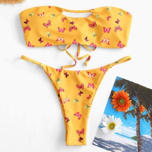 Swimwear Women Bathing suit Two Piece Swimsuit Tube top Butterfly print split Biquini Plus Size Beachwear Bikini 2021 mujer