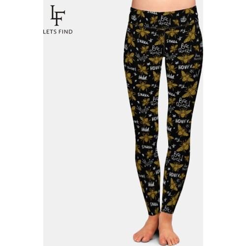 LETSFIND 2020 New Golden Embroidered Bee Digital Print Fitness Leggings Fashion High Waist Plus Size Soft Women Leggings