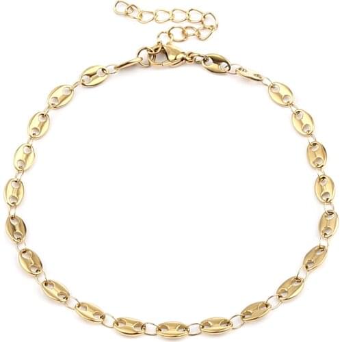 Fashion Stainless Steel Anklet Gold Color Coffee Bean Chain Anklet Bracelets For Women Summer Beach Barefoot Show Gift ,1 Piece