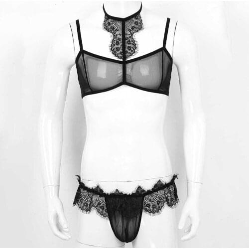Mens Sissy Exotic Sets See Through Sheer Lace Trim Lingerie Set Bra Top with Open Butt Jockstraps Pouch Briefs Underwear