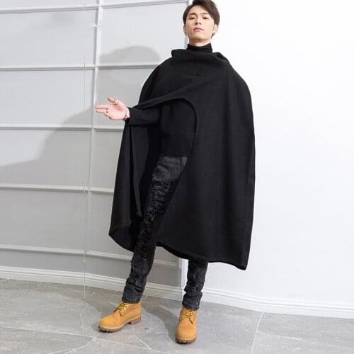 Mens coat woolen coat European and American mens autumn/winter ultra long hooded loose cape mens coat show cape trend