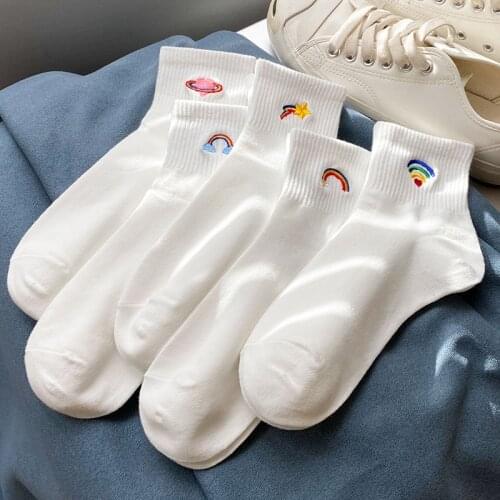 Colorful Cartoon Rainbow Print Socks For Women Autumn Harajuku Style Cute Heart Star Embroidery Fashion Female Girls Street Sock