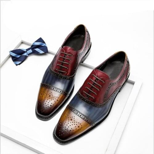 Men Genuine Leather Oxford Pointed Toe Laces Up Oxfords Dress Brogues Wedding Business Platform Shoes 1A52