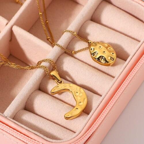 Stainless Steel Bump Hammered Egg Shape Moon Shape Pendant Necklace For Women Girls Tarnish Free Party Jewelry