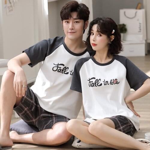 SLPBELY Couple Pajamas Set Pyjamas Summer Cotton Short Sleeve Plaid Shorts Men And Women Nightwear Black Sleepwear Homeclothes