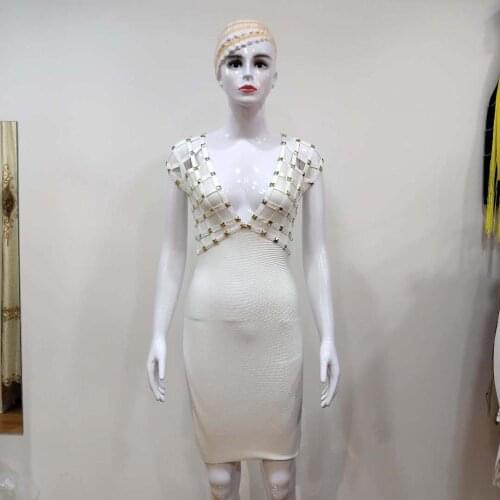 Sexy women deep V neck bandage dress summer hollow out handmade beading mesh see through night club party evening lady dresses