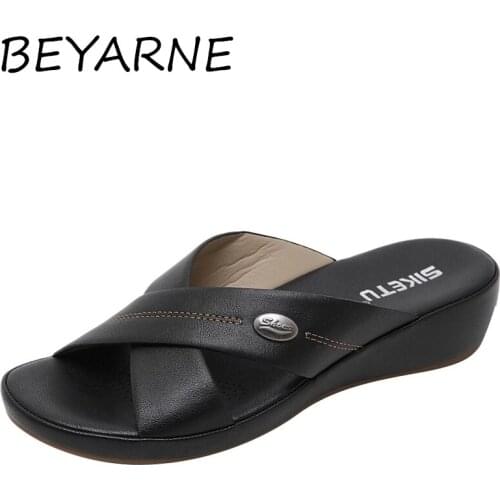 BEYARNE Summer Women Slipper Korean Fashion Wedge Home Ladies Slippers Pu Leather Light Comfort Soft Fluffy Slipper Non-Slip