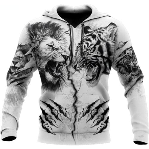 CLOOCL Tiger Vs Lion Tattoo 3D All Over Printed Men Hoodie Unisex Casual Zipper Pullover Streetwear Sudadera Hombre