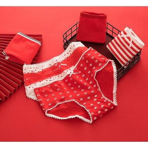 Red Womens Underwear Panties Lace Seamless Underpants Girls Cotton Soft Comfort Briefs Mid Waist Lingerie Panties For Female