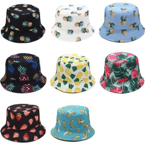 Unisex Summer Two Sides Wear Reversible Bucket Hat Bohemian Pineapple Watermelon Fruits Printing Foldable Fisherman Cap