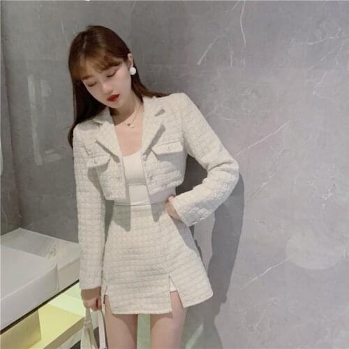 Womens Suits Winter New Fashion White Woolen Short Coat + High Waist A-Line Skirt Two-Piece Sets
