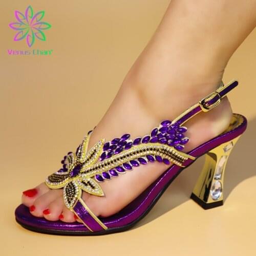 2019 New Pretty design African Sandals sexy Lady Shoes with purple fashion Italian PU Leather High Heels For Women Wedding Party