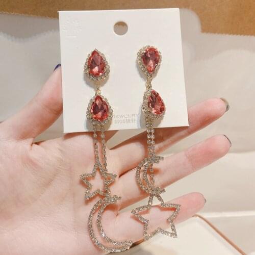 Elegant Korean Moon Star Rhinestone Tassel Drop Earrings For Women Fashion Waterdrop Crystal Brinco Party Jewelry