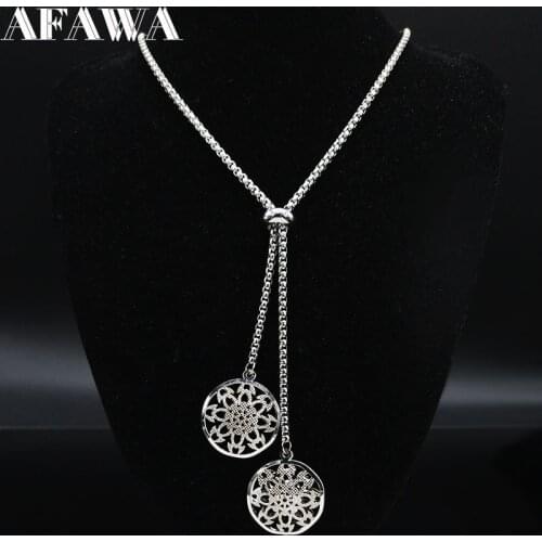 Flower of Life Stainless Steel Long Necklace for Women Silver Color Necklaces Pendants Jewelry Christmas Gift joyas N1403S01