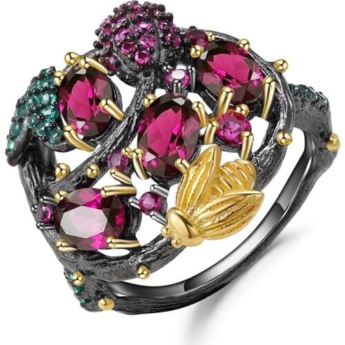 MENGYI Bohemian Luxury Garnet Bee Two Color Golden/Black Gold Ring Women Exquisite Branch 9 2 5 Ring Creative Charm Jewelry