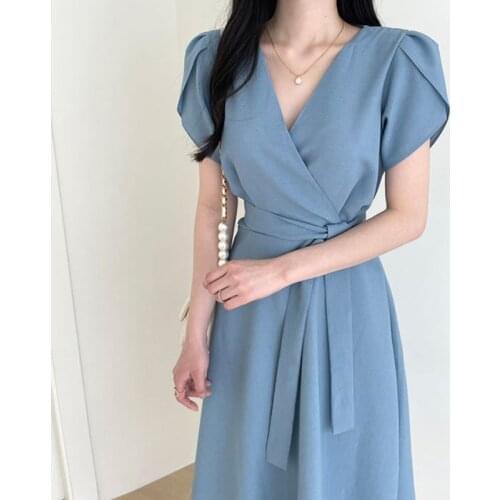 Korean Chic WomenS Dress 2021 Summer New Elegant Cross V-Neck One-Piece Lace-Up Waist Slimming Short-Sleeved Midi Solid Dresses