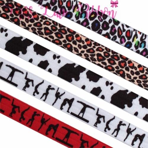 5/8"16mm Cartoon Colorful Leopard Love Gymnastics Printed Fold Over Elastic Ribbon DIY Hair Bowknots Gift Packing 50yards/roll