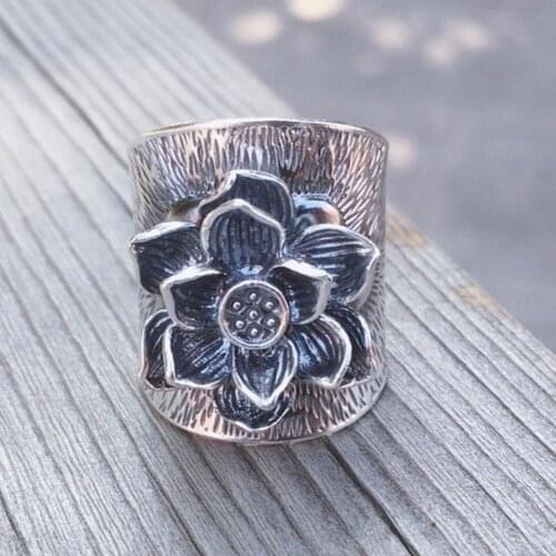 BOCAI New solid s999 pure silver lotus Elephant wide-faced men and women rings couples vintage handmade good luck ring for woman