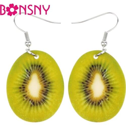 Bonsny Acrylic Lovely Green kiwi Fruit Earrings Big Long Dangle Drop Fashion Jewelry For Women Girl Ladies Summer Accessory Bulk