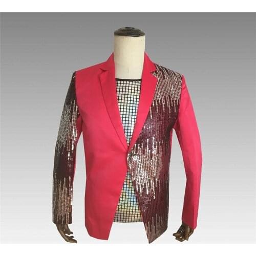 DJ Nightclub Sequined Jacket Mens Dancer Singer Costume Fashion Mens Coats One Button Patchwork Slim Suit