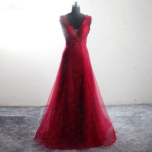 RSE917 Real Pictures Burgundy Sexy Long Formal Evening Dress A-line Open Back Tulle V-Neck Vestidos De Graduacion