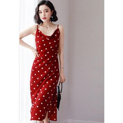 Elegant Women Polka Dot Spaghetti Strap Dress Bandage Chiffon Ladies A-Line Dresses Sexy Sleeveless Side Split Dress for Female