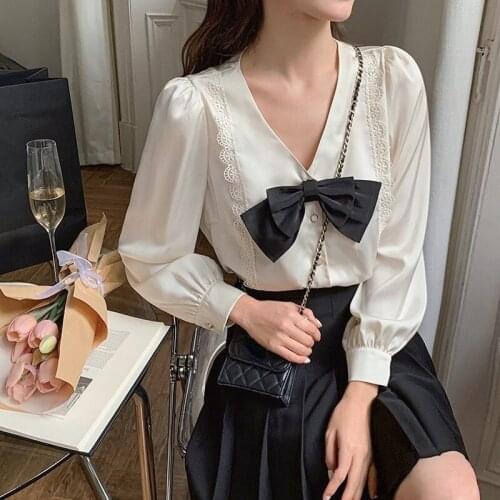 Korean Fashion Design Elegant Tops Women Long Sleeve Sweet Y2k Blouse Office Lady 2021 Autumn Chic Vintage Casual Shirts Bow