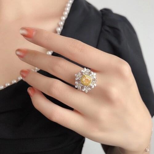 Fashion Charm Flower Rings Inlay Square Yellow Crystal Zircon Adjustable Size Two Tone Jewelry For Women Wedding Engagement