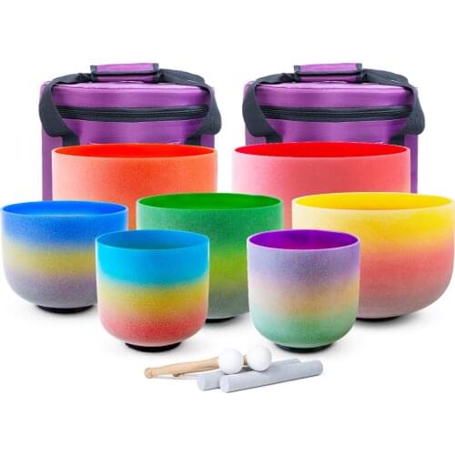 Chakra Set of 7pcs 7"-12" Rainbow Frosted Quartz Crystal Singing Bowl 432Hz/440hz