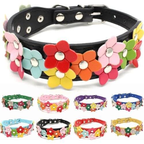 Pu Leather Colorful Flower Studded Pet Dog Collar Puppy Cat Double Row Cute Adjustable Chain Neck Strap Necklace Pet Accessories