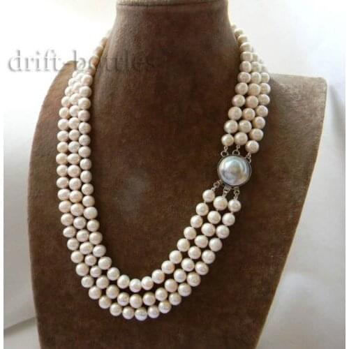3Strands 21'' 9mm White Round Freshwater Pearl Mabe clasp Necklace
