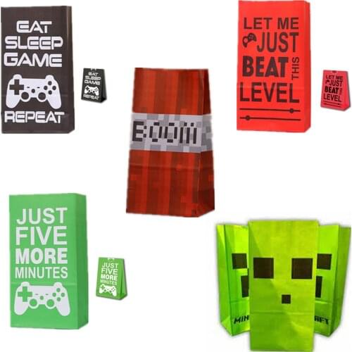 MINERFORT 20pcs Pixelated Green Mosaic Game Paper bag Party Bag Birthday Party Decorations Popcorn paper bag For Kids Supplies