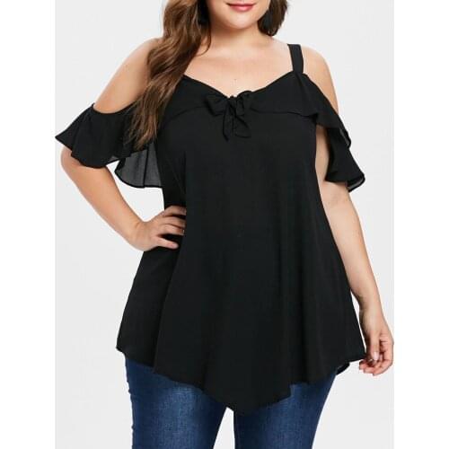 Casual Bow Women Tee Shirt Plus Size Dew Shoulder Camis T-Shirt Female Asymmetric Chiffon Ruffles Tops Tee Solid Tshirt Woman