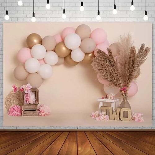 Pink Gold Balloon Backdrop Girl 2nd Birthday Decor Vase Flower Reed Bohemia Photography Background Photo Studio Photozone Props