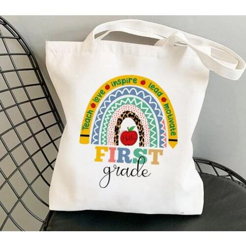 Teacher Supplies Hello First Grade Rainbow Printed Tote Bag women shopper Funny handbag Shoulder shopping Lady gift Canvas Bag