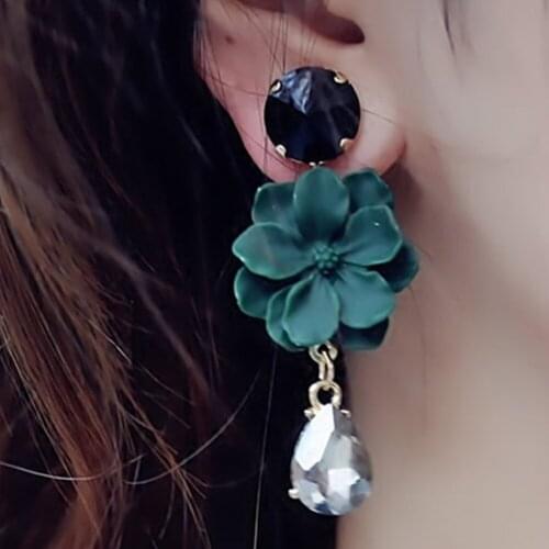 Vintage Bohemia Natural Stone Black Crystal Big Earring For Women Fashion Jewelry Green Flower Dangle Drop Earrings Bijoux