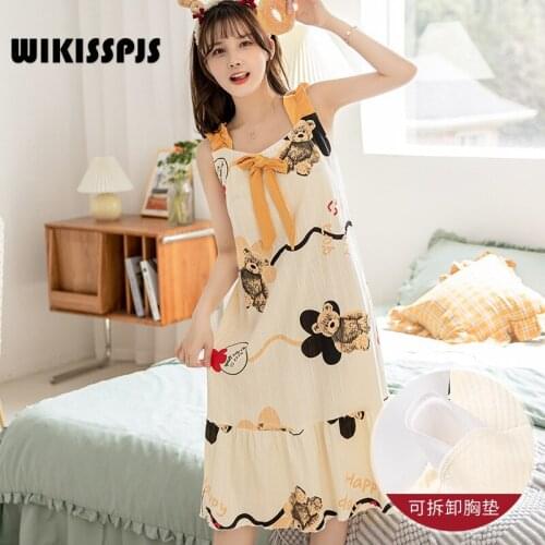WIKISSPJS Summer Korean Version Loose Lovely Girl Pajamas Sleeping Dress with Chest Cushion and Suspender Robe Sets Sleepwear