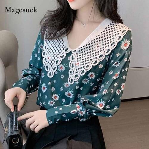 2020 Autumn Fashion French Daisy Spliced Doll Collar Puff Sleeve Women Blouse Print Button Pullover Chiffon Shirt Blusas 11049